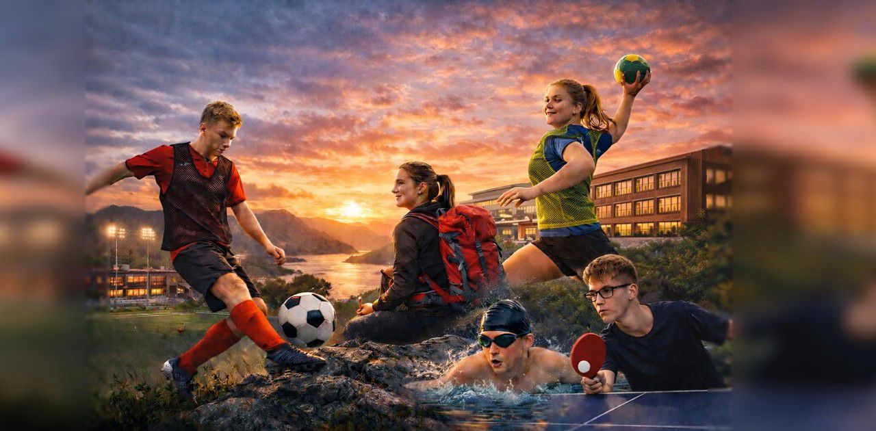 Ein collage av elevar som driv med ulike typar idrett, og med solnedgang i bakgrunnen