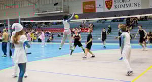 Elevar som spelar volleyball